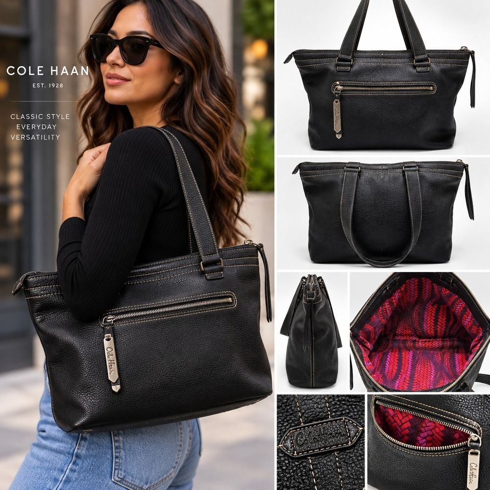 Cole Haan Black Pebbled Leather Tote Shoulder Bag Zip Top Contrast Stitching